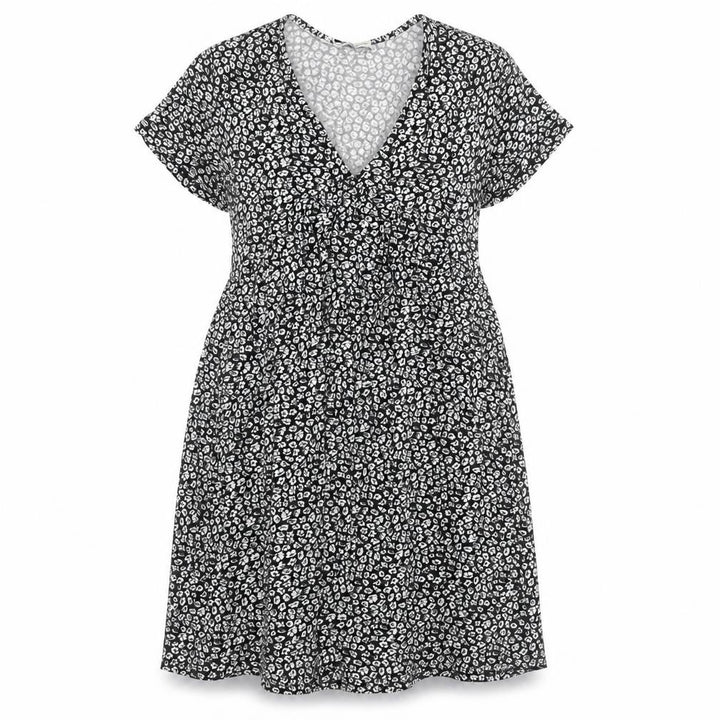 Pull&Bear Womens Black Floral V-Neck Fit & Flare Short Sleeve Dress Size 12
