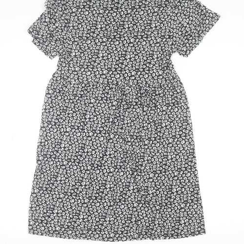 Pull&Bear Womens Black Floral V-Neck Fit & Flare Short Sleeve Dress Size 12