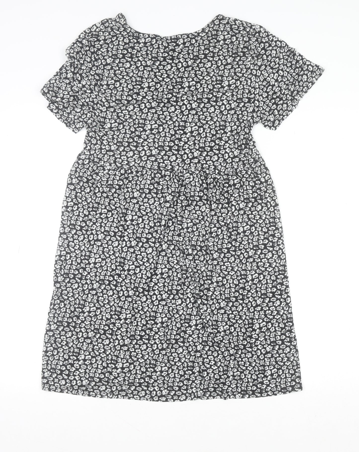 Pull&Bear Womens Black Floral V-Neck Fit & Flare Short Sleeve Dress Size 12
