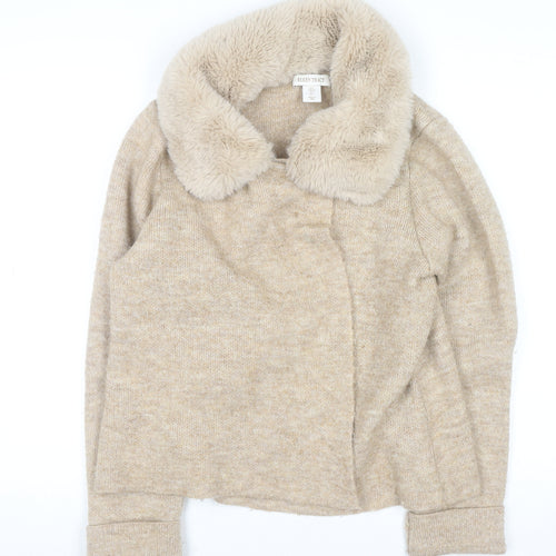Ellen Tracy Women’s Beige Faux Fur Collar Cardigan L Wool Blend Knit