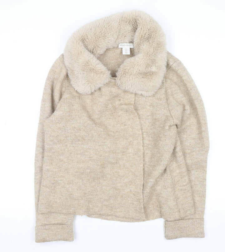 Ellen Tracy Women’s Beige Faux Fur Collar Cardigan L Wool Blend Knit