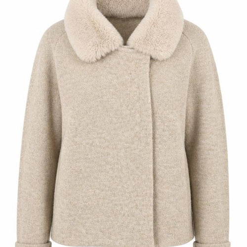 Ellen Tracy Women’s Beige Faux Fur Collar Cardigan L Wool Blend Knit