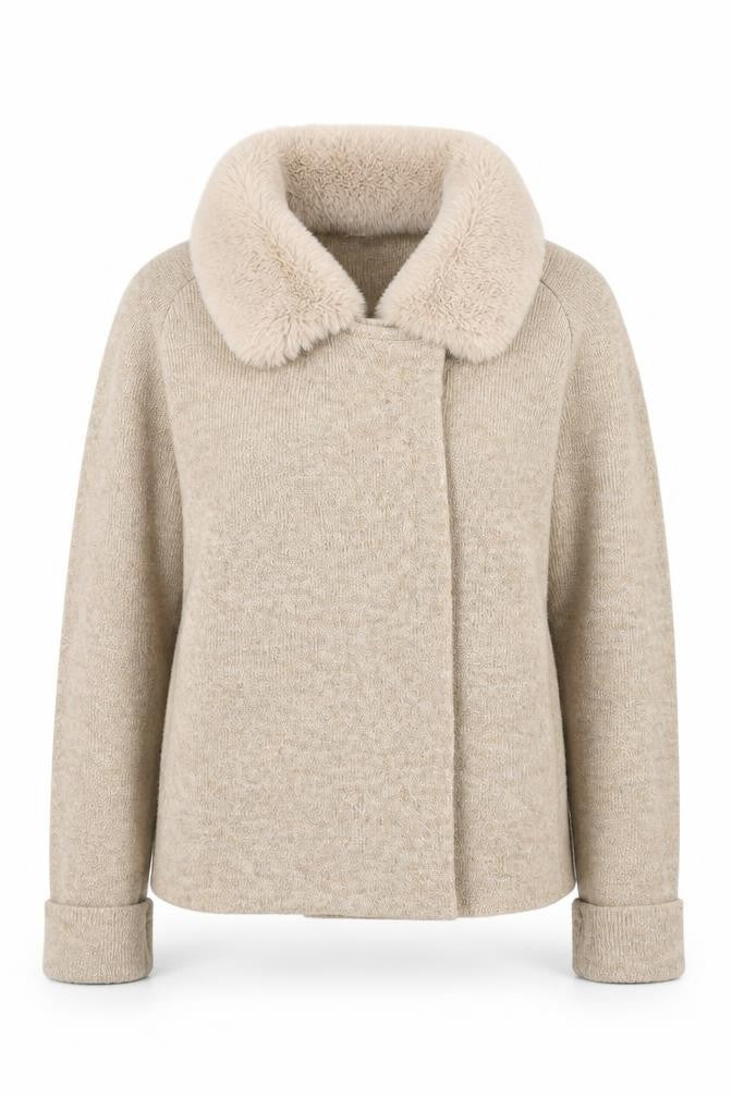 Ellen Tracy Women’s Beige Faux Fur Collar Cardigan L Wool Blend Knit
