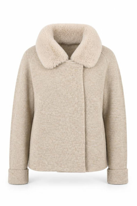 Front view of Ellen Tracy Women’s Beige Faux Fur Collar Cardigan L Wool Blend Knit