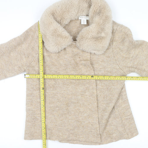 Ellen Tracy Women’s Beige Faux Fur Collar Cardigan L Wool Blend Knit