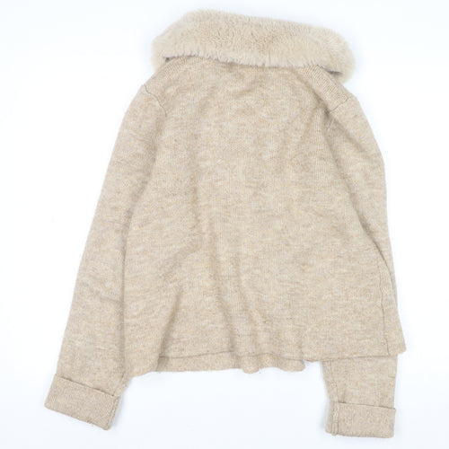 Ellen Tracy Women’s Beige Faux Fur Collar Cardigan L Wool Blend Knit