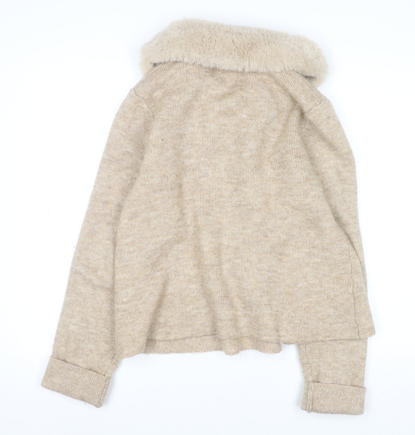 Ellen Tracy Women’s Beige Faux Fur Collar Cardigan L Wool Blend Knit