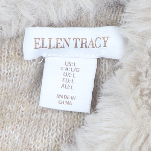 Ellen Tracy Women’s Beige Faux Fur Collar Cardigan L Wool Blend Knit