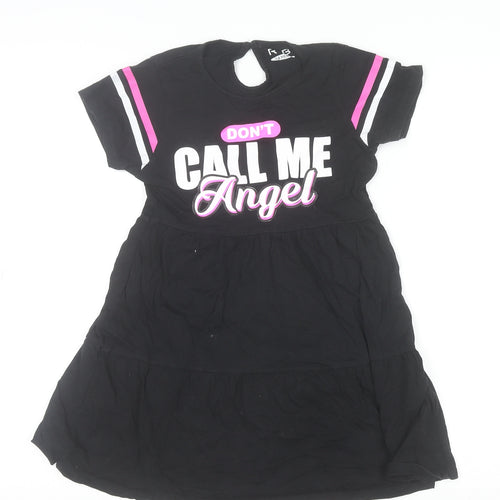 R&B Girls Black 7-8 Years Cotton T-Shirt Dress with Graphic Print