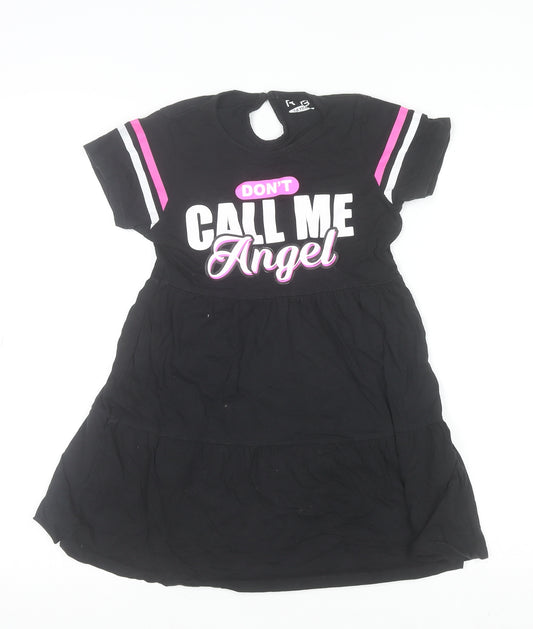 R&B Girls Black 7-8 Years Cotton T-Shirt Dress with Graphic Print