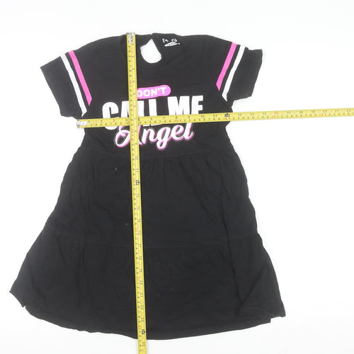 R&B Girls Black 7-8 Years Cotton T-Shirt Dress with Graphic Print