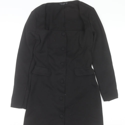 Stradivarius Women Black Shift Dress M Long Sleeve Button Workwear