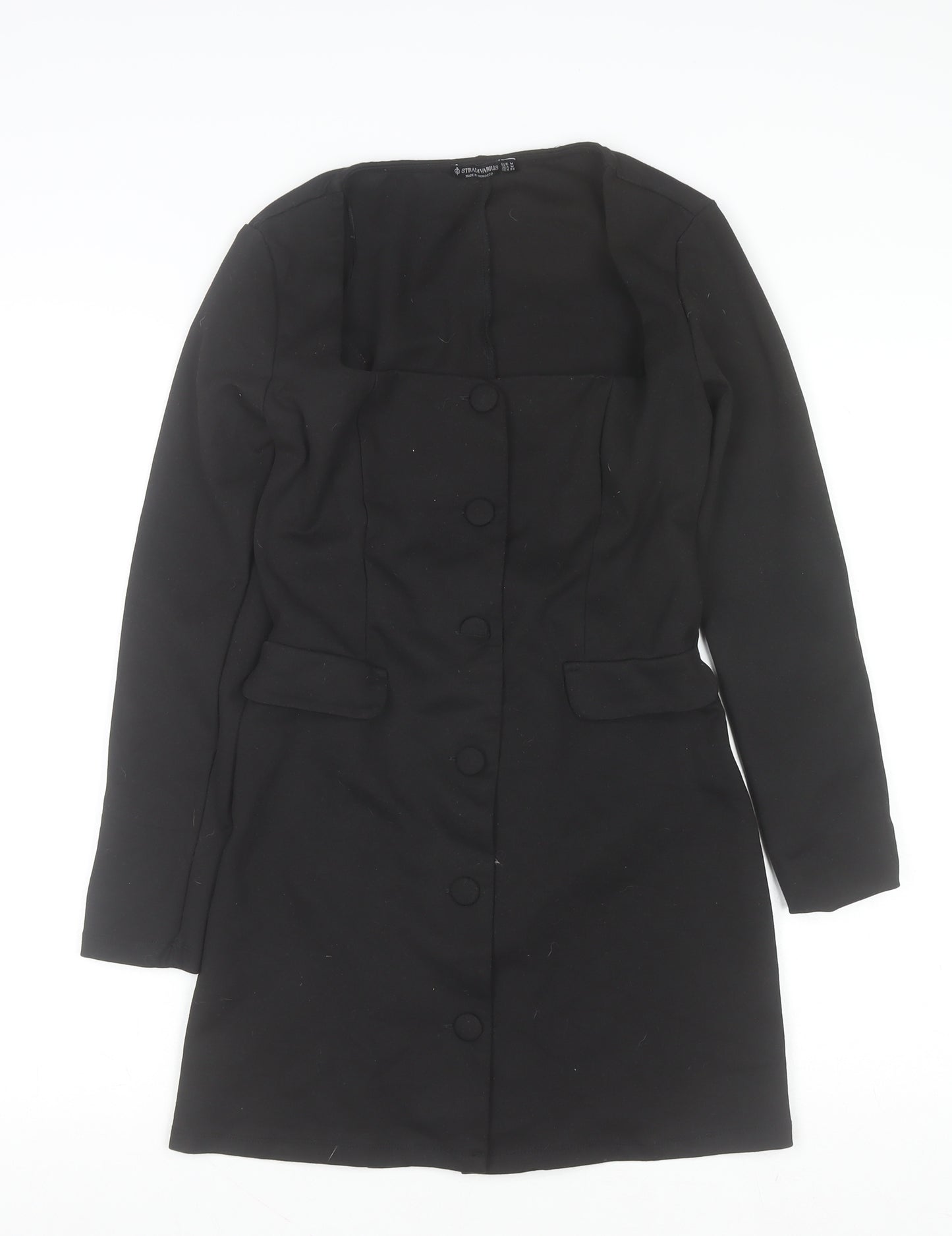 Stradivarius Women Black Shift Dress M Long Sleeve Button Workwear