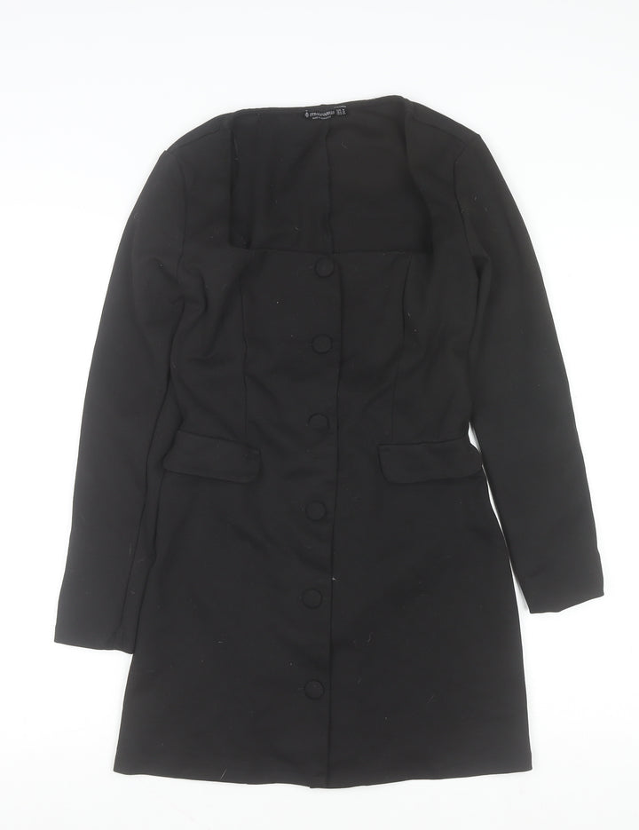 Stradivarius Women Black Shift Dress M Long Sleeve Button Workwear