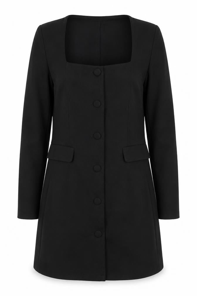 Front view of Stradivarius Women Black Shift Dress M Long Sleeve Button Workwear