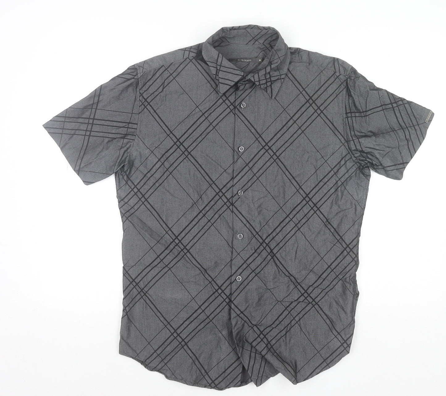 River Island Men’s Grey Check Short Sleeve Button-Up Shirt Size M
