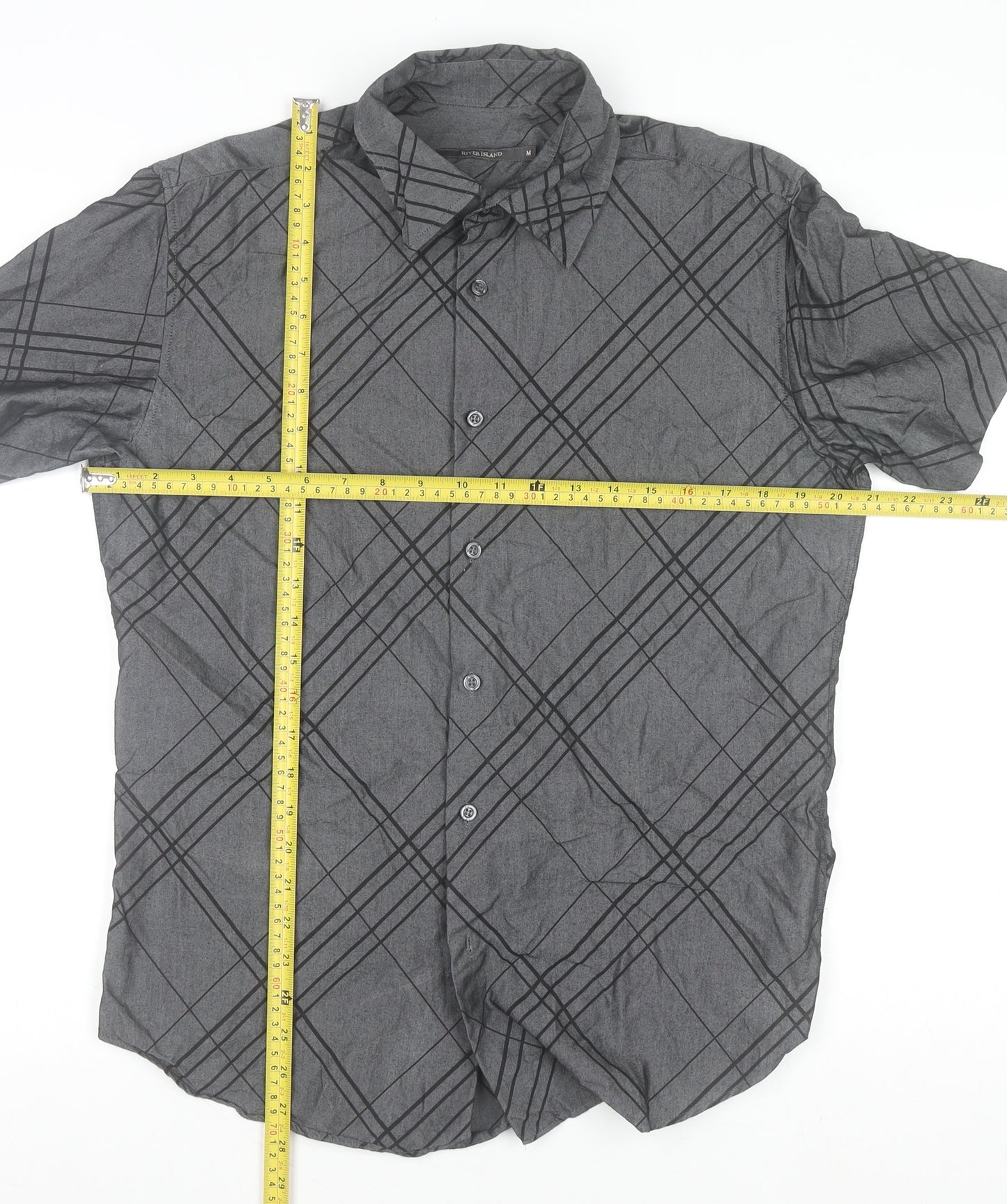 River Island Men’s Grey Check Short Sleeve Button-Up Shirt Size M