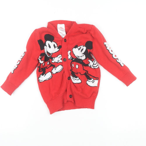 Disney Girls Red Mickey Mouse Cardigan 3 Years V-Neck Button Knit Jumper