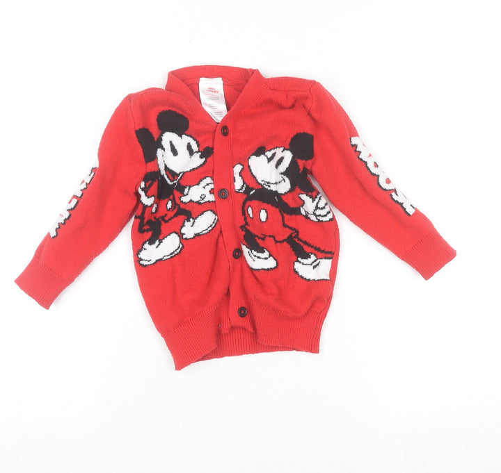 Disney Girls Red Mickey Mouse Cardigan 3 Years V-Neck Button Knit Jumper