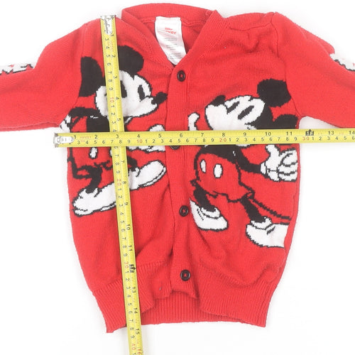 Disney Girls Red Mickey Mouse Cardigan 3 Years V-Neck Button Knit Jumper