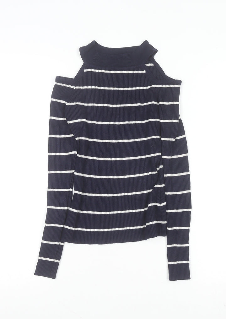 New Look Women's Blue Striped Cold Shoulder Knit Jumper Size 8