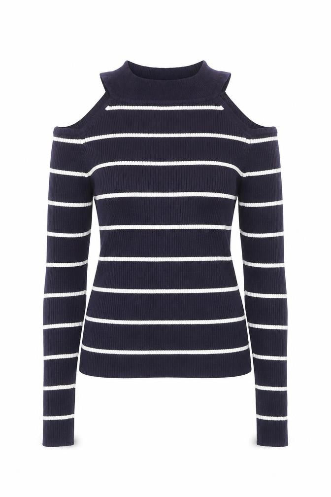 Front view of New Look Women's Blue Striped Cold Shoulder Knit Jumper, size 8