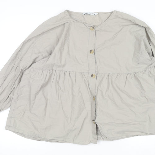 Zara Women Beige Cotton Tunic Blouse Long Sleeve Relaxed Fit L