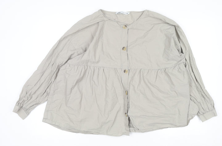 Zara Women Beige Cotton Tunic Blouse Long Sleeve Relaxed Fit L