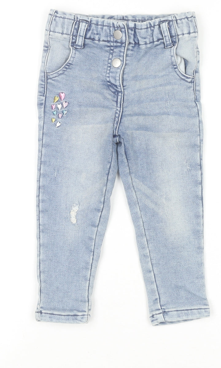 Dunnes Stores Girls Blue Denim Embroidered Jeans 18-24 Months Elastic Waist