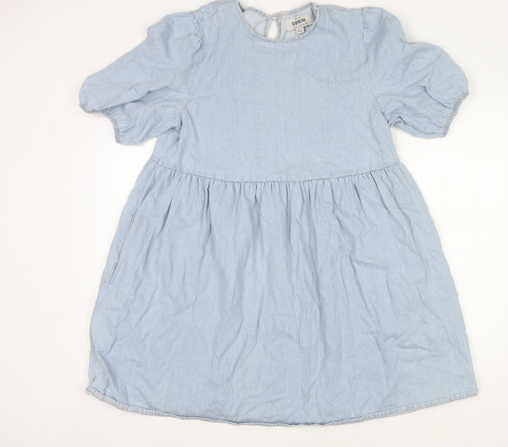 New Look Women Blue Cotton Denim Shift Puff Sleeve Dress UK 12
