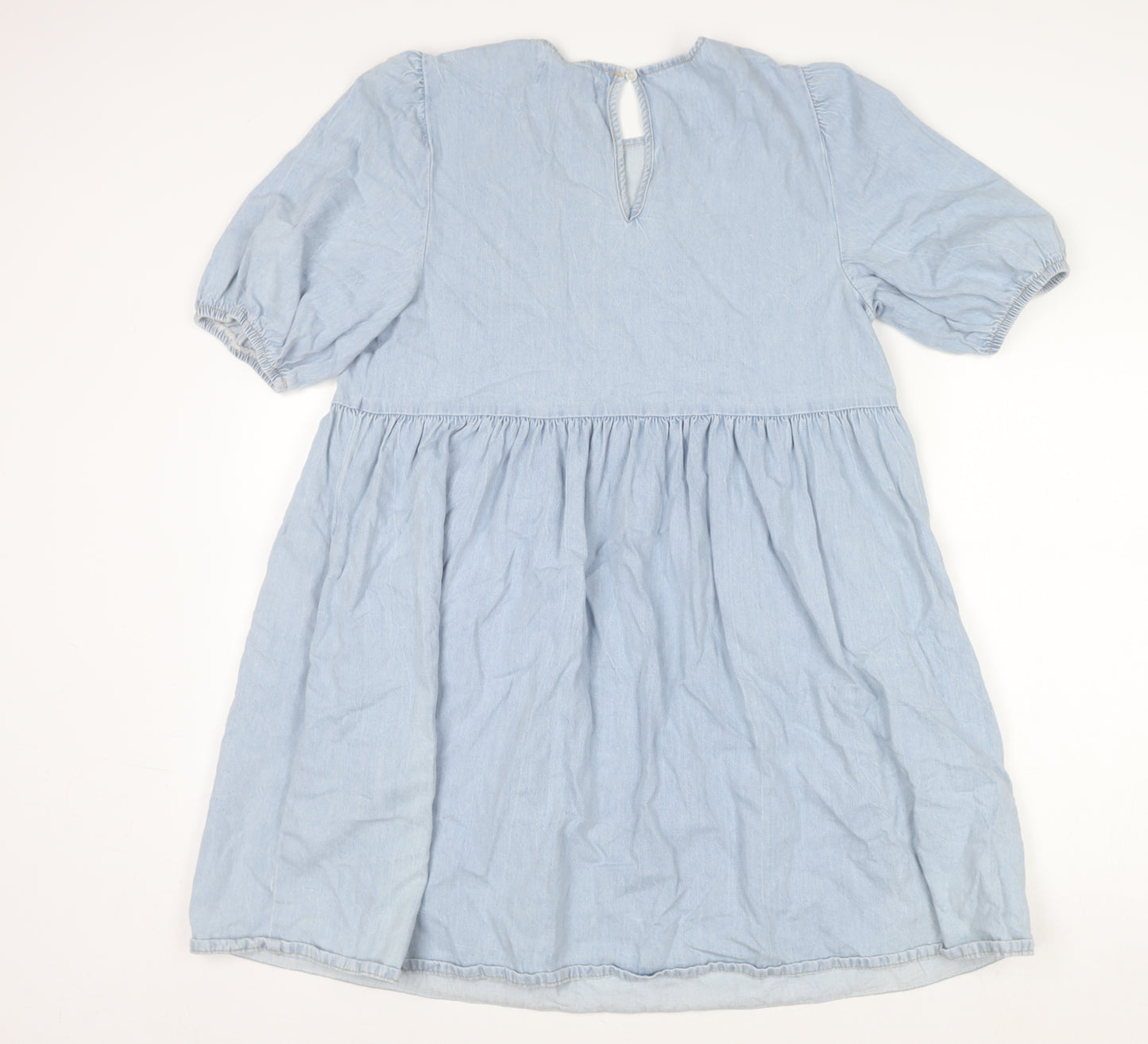 New Look Women Blue Cotton Denim Shift Puff Sleeve Dress UK 12