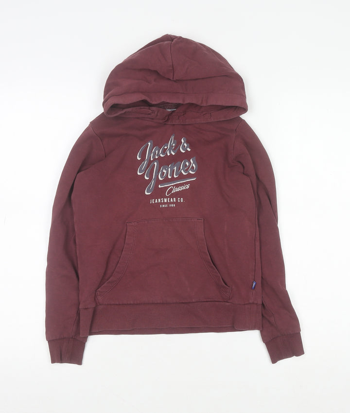 Jack & Jones Boys Burgundy Pullover Hoodie 10 Years Cotton Blend Logo Print