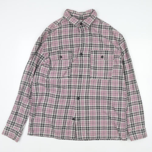 H&M Men's Pink Checked Flannel Relaxed Fit Long Sleeve Shirt L