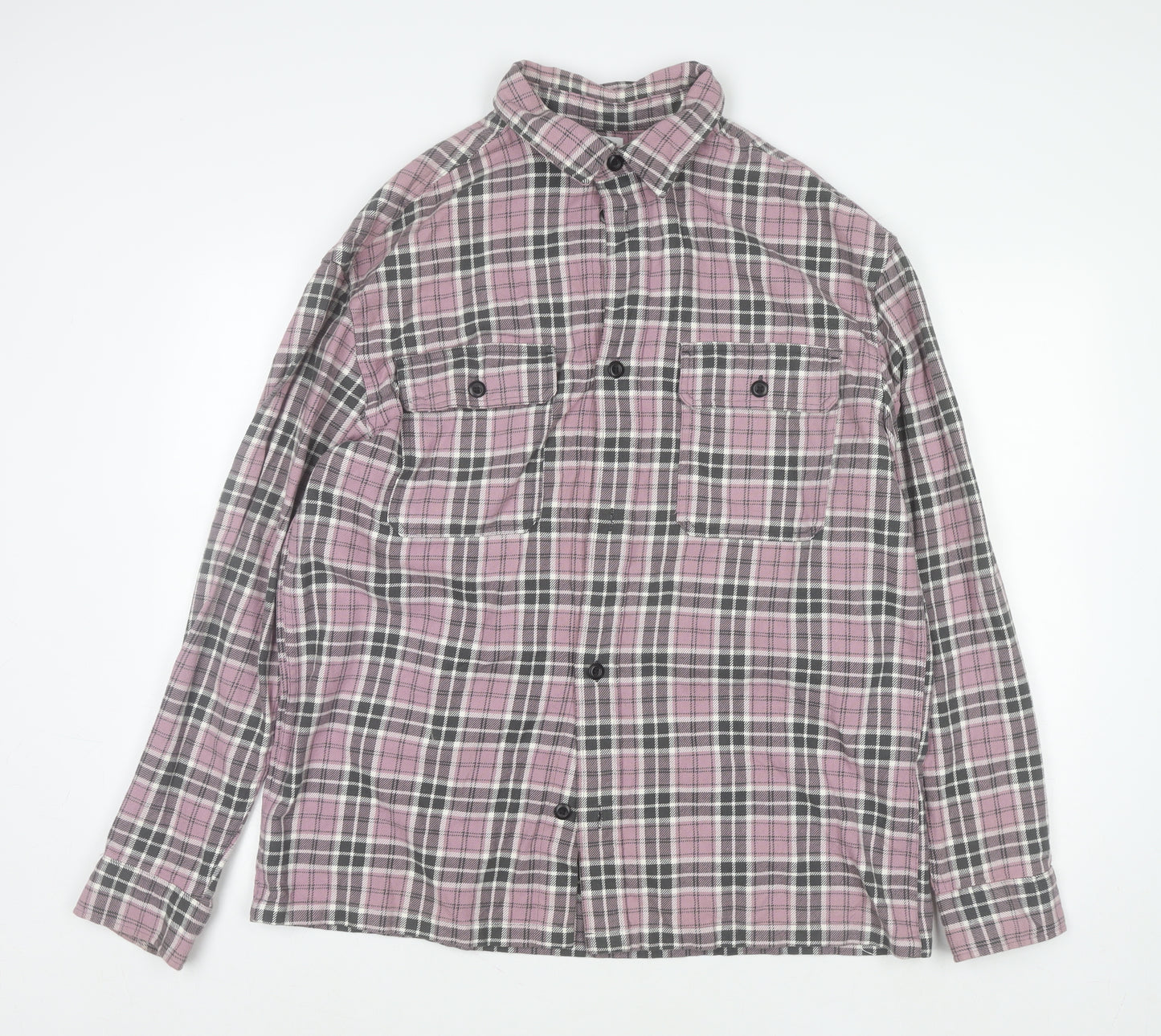 H&M Men's Pink Checked Flannel Relaxed Fit Long Sleeve Shirt L