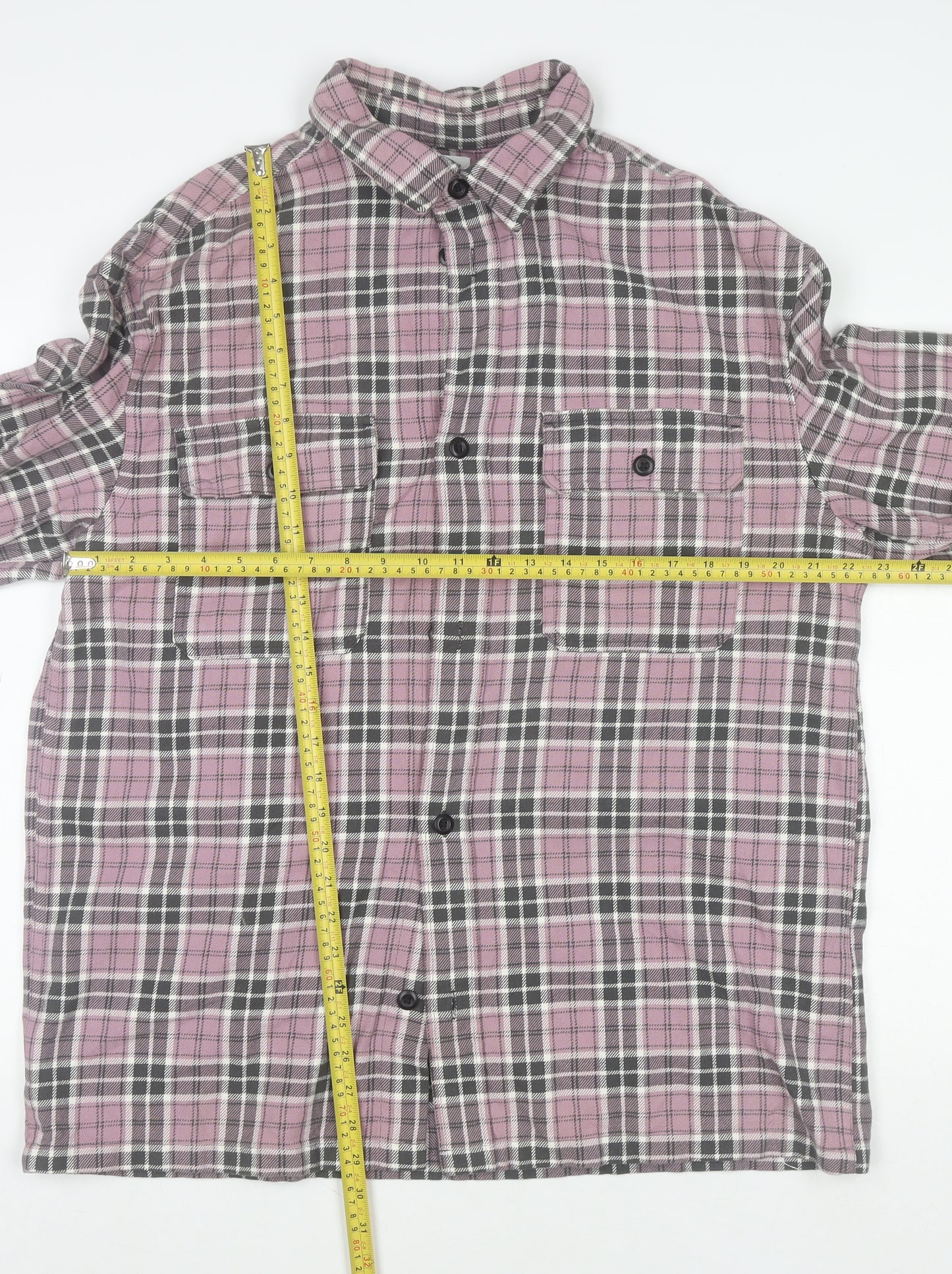 H&M Men's Pink Checked Flannel Relaxed Fit Long Sleeve Shirt L
