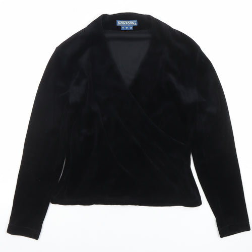 Monsoon Women Black Velvet Wrap Blouse Size 12 Long Sleeve