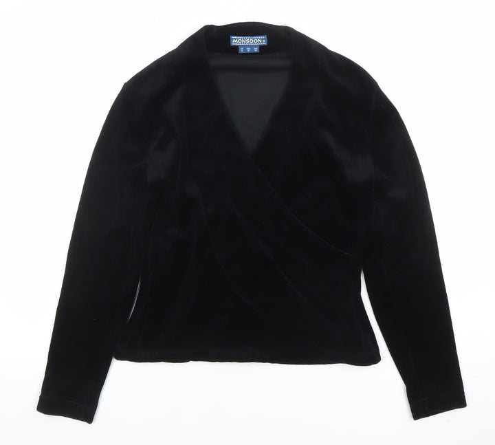 Monsoon Women Black Velvet Wrap Blouse Size 12 Long Sleeve
