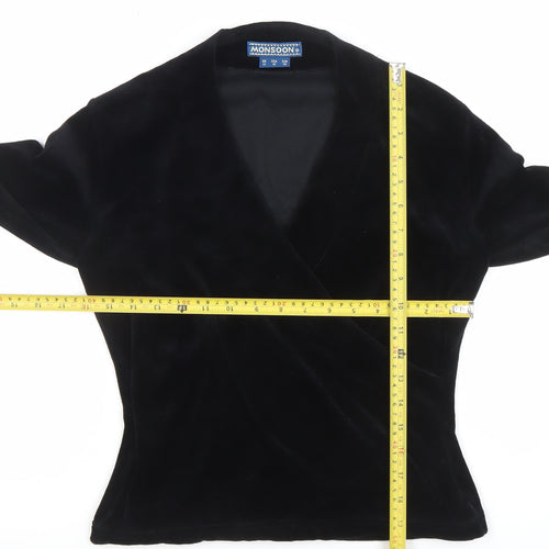 Monsoon Women Black Velvet Wrap Blouse Size 12 Long Sleeve
