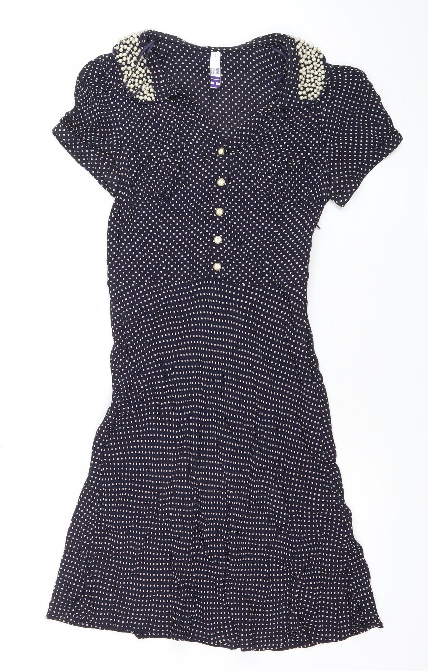 By Thierry Holland Women’s Blue Polka Dot Beaded Fit & Flare Dress Size 6