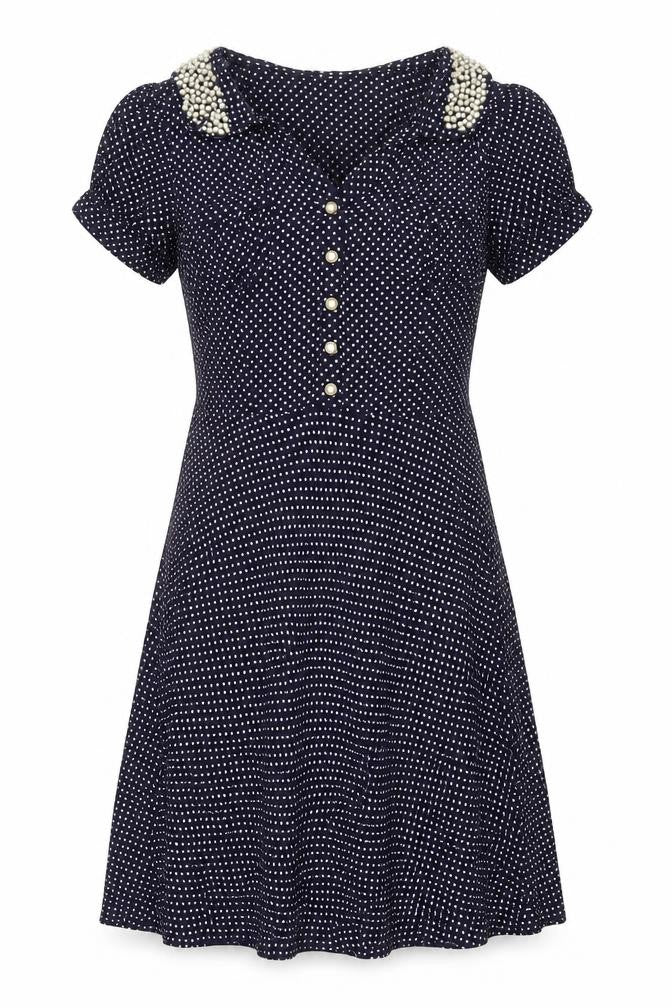 By Thierry Holland Women’s Blue Polka Dot Beaded Fit & Flare Dress Size 6