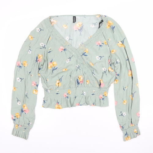 H&M Divided Women's Green Floral Wrap Blouse Long Sleeve Size 12