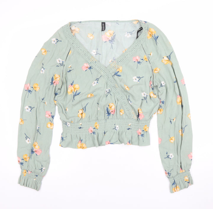 H&M Divided Women's Green Floral Wrap Blouse Long Sleeve Size 12