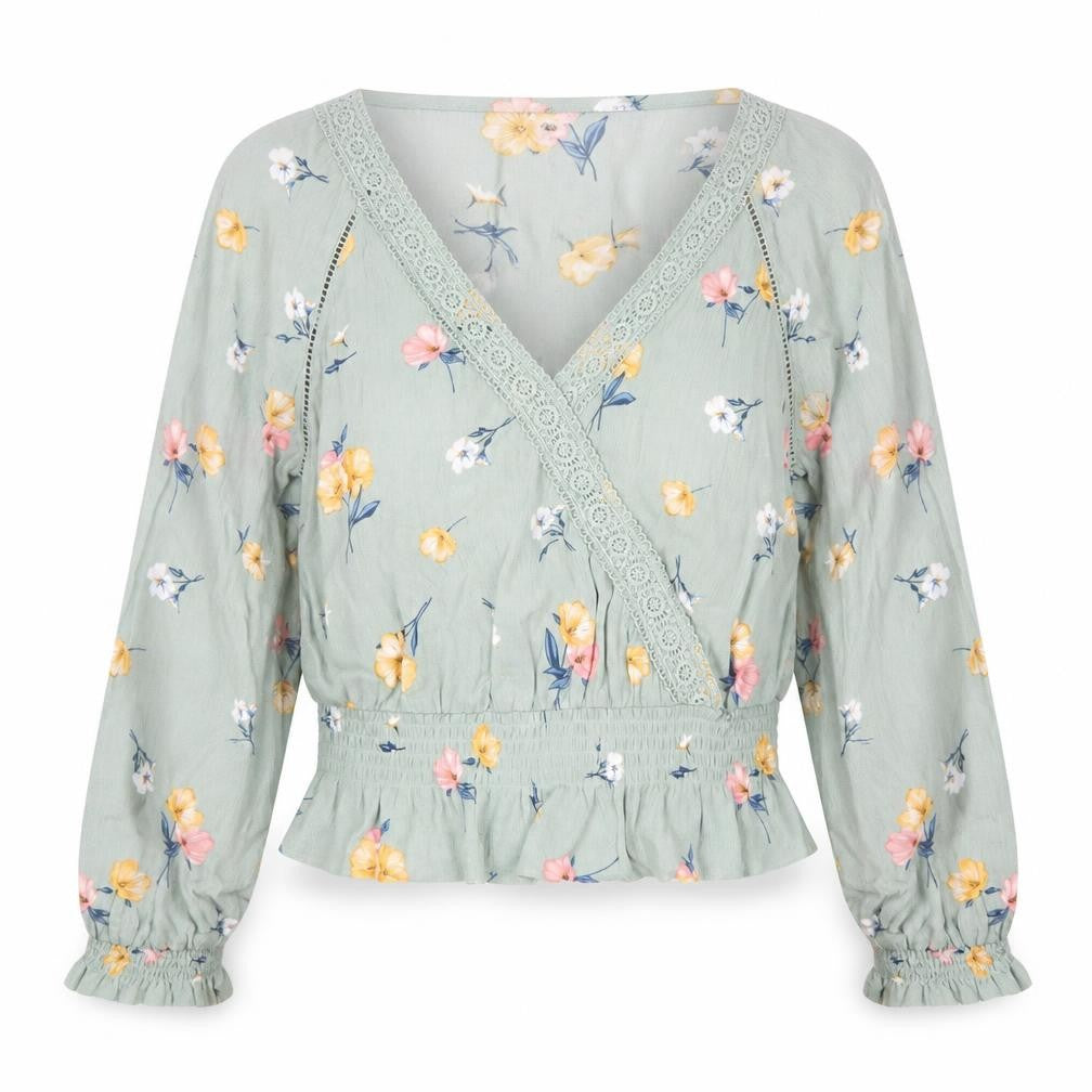H&M Divided Women's Green Floral Wrap Blouse Long Sleeve Size 12