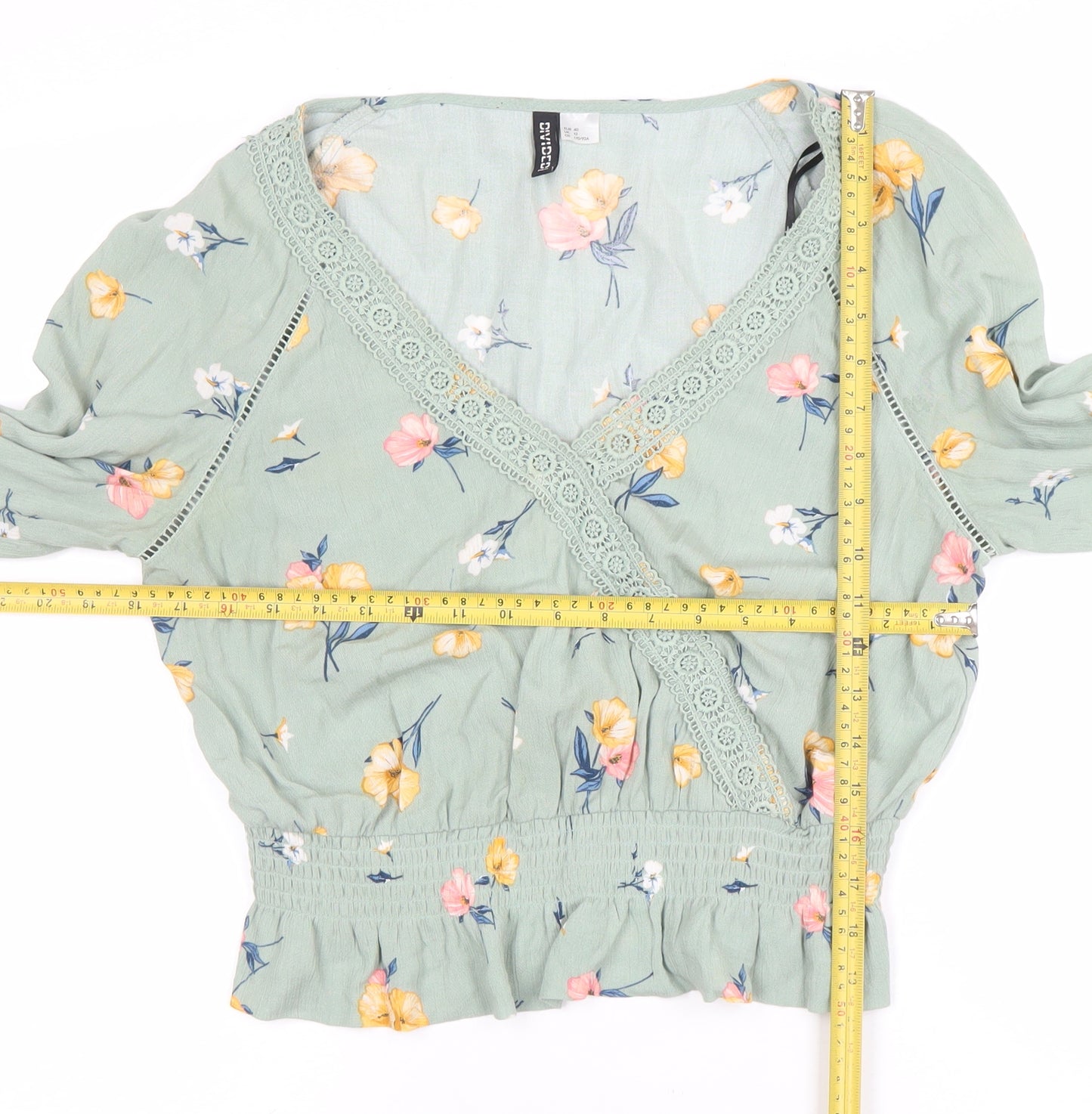 H&M Divided Women's Green Floral Wrap Blouse Long Sleeve Size 12