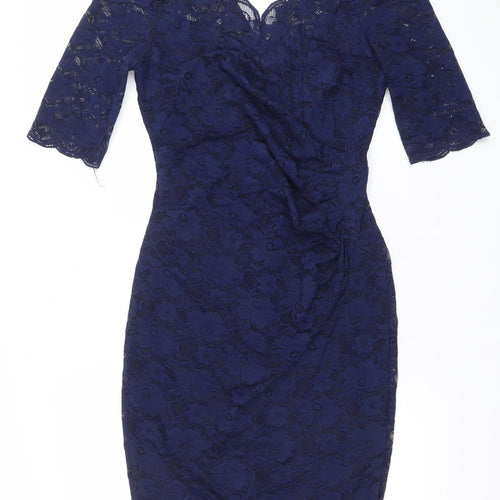 Jolie Moi Women's Blue Lace Bodycon Dress Size 12 V-Neck Half Sleeve