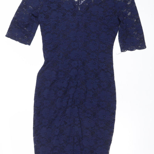 Jolie Moi Women's Blue Lace Bodycon Dress Size 12 V-Neck Half Sleeve
