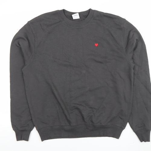 Brsbi Women Black Cotton Pullover Sweatshirt M Heart Embroidered Crew Neck