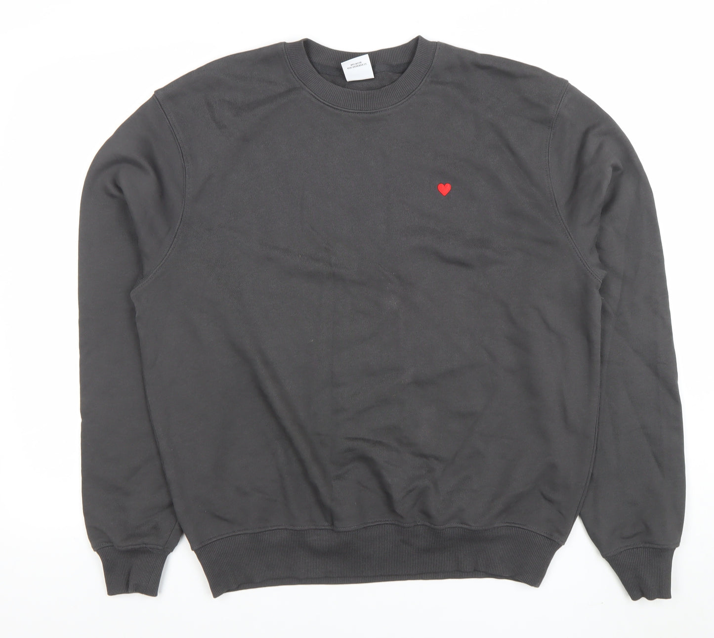 Brsbi Women Black Cotton Pullover Sweatshirt M Heart Embroidered Crew Neck