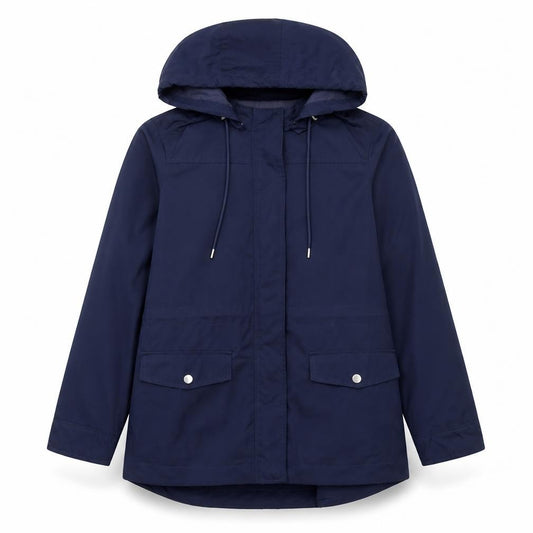 Front view of Jaeger Women Blue Hooded Parka Jacket, size 12, Mid-Length Lined