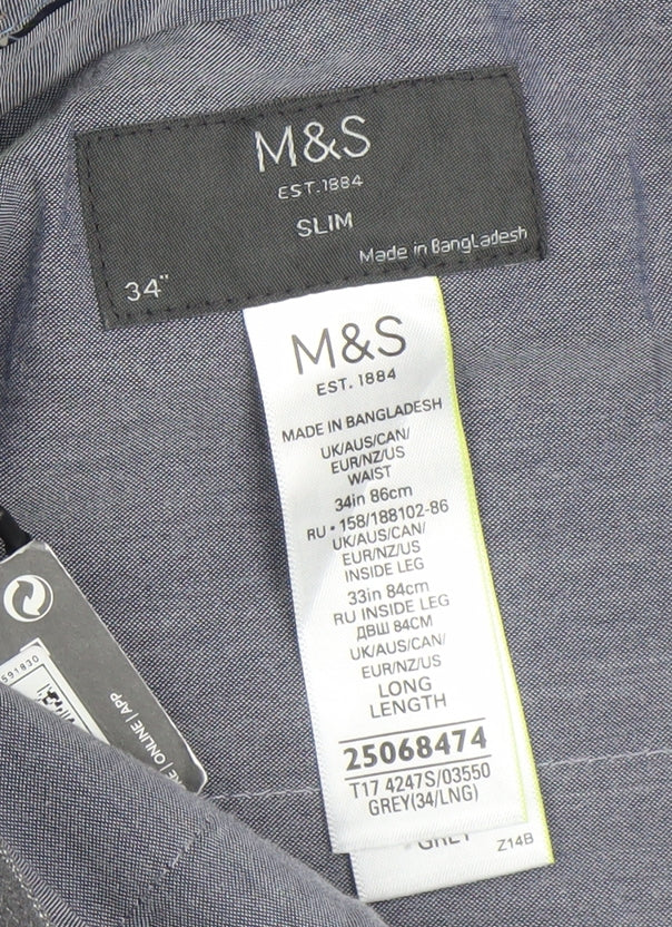 Marks and Spencer Men's Grey Slim Fit Dress Trousers 34in Waist 33in Leg